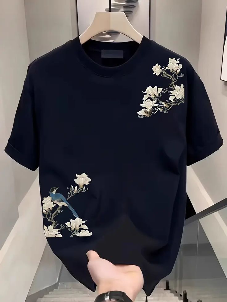 Elegant Floral Bird Print Black Cotton T-Shirt