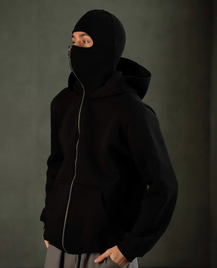 Premium Black Balaclava Ninja Hoodie with built-in face mask and warm fleece for a sleek biker-streetwear look.