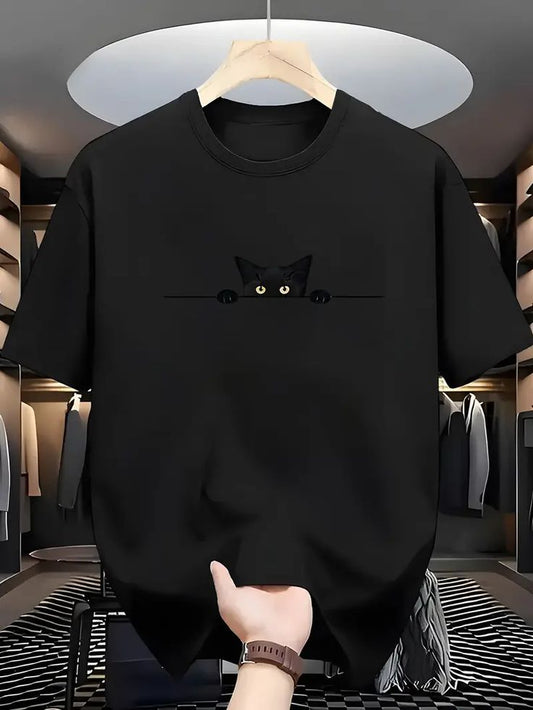 Men’s Black Minimal Cat Graphic T-Shirt | Premium Cotton Casual Round Neck Tee