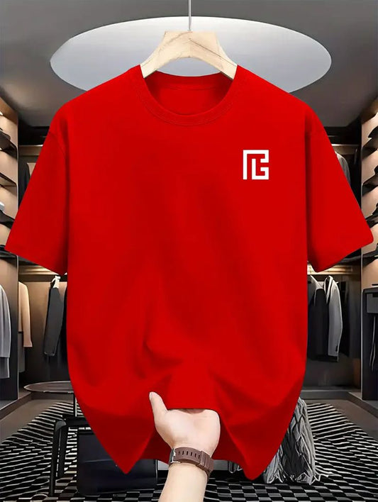 Men’s Solid Red Minimal Logo Printed Round Neck T-Shirt